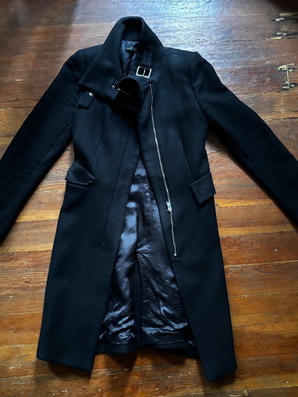 ZARA Black Asymmetrical Zip Funnel Neck Wool Blend Coat - Size Small